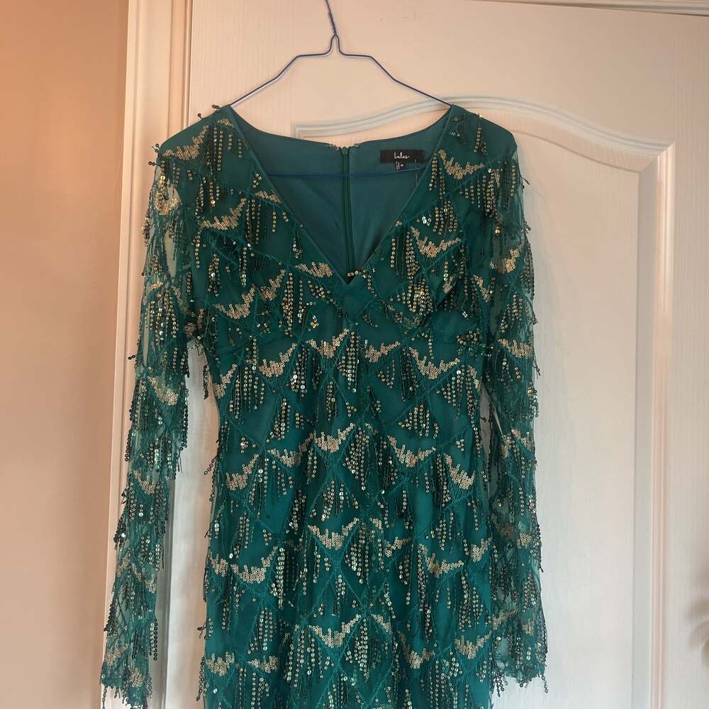Green Fringe Dress - Sequin Long Sleeve Dress - Fringe Mini Dress - ,